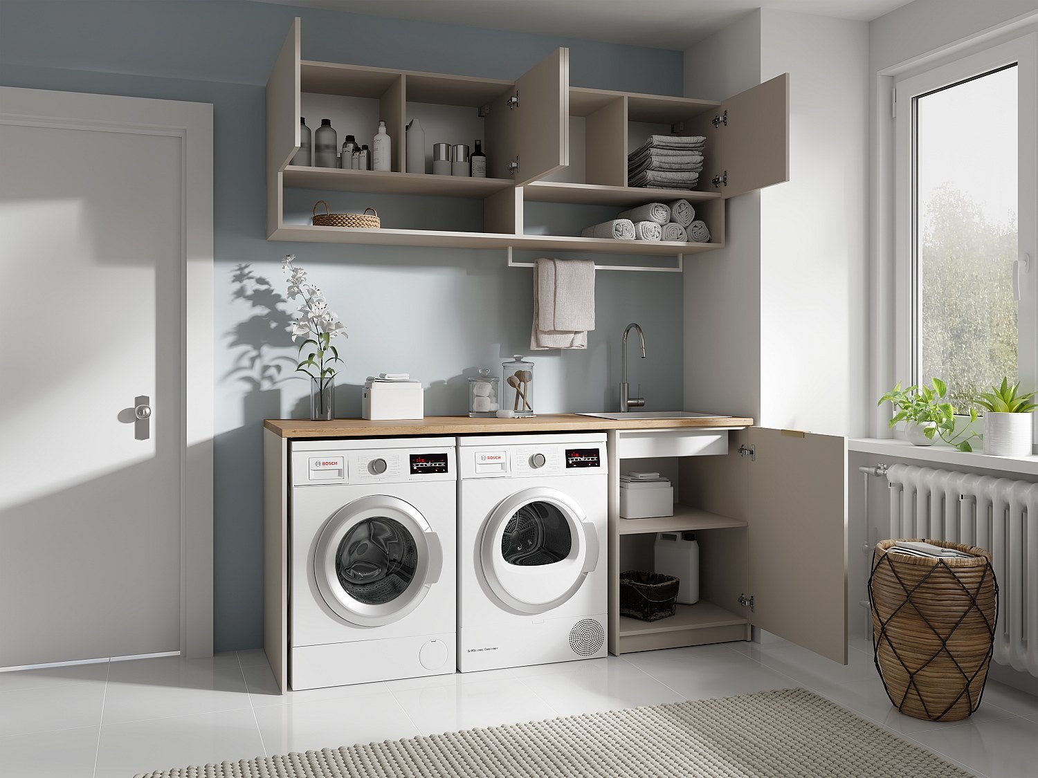 Muebles para el cuarto de la lavadora con encimera - 180 cm de ancho - Color cachemira y natural claro - NATAJI - 7