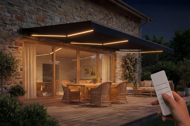 Toldo motorizado FAZZIO semi-cassete com LED, 6x3m, cinza, tecido cinza