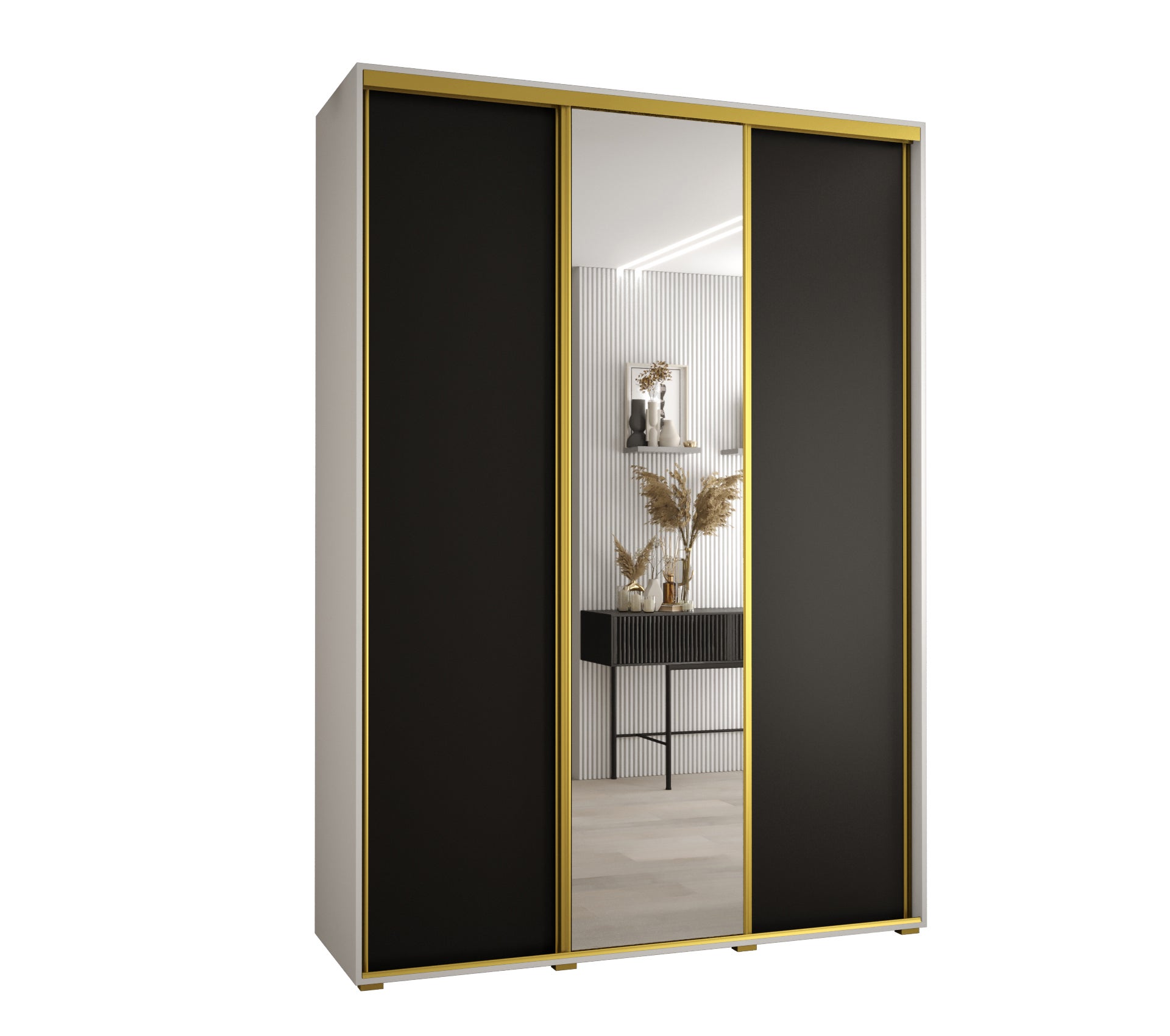 Szafa przesuwna z lustrem wysoka Davos 3 180 x 60 x 235,2 cm biały + czarny + u. złoty - Abiks Meble