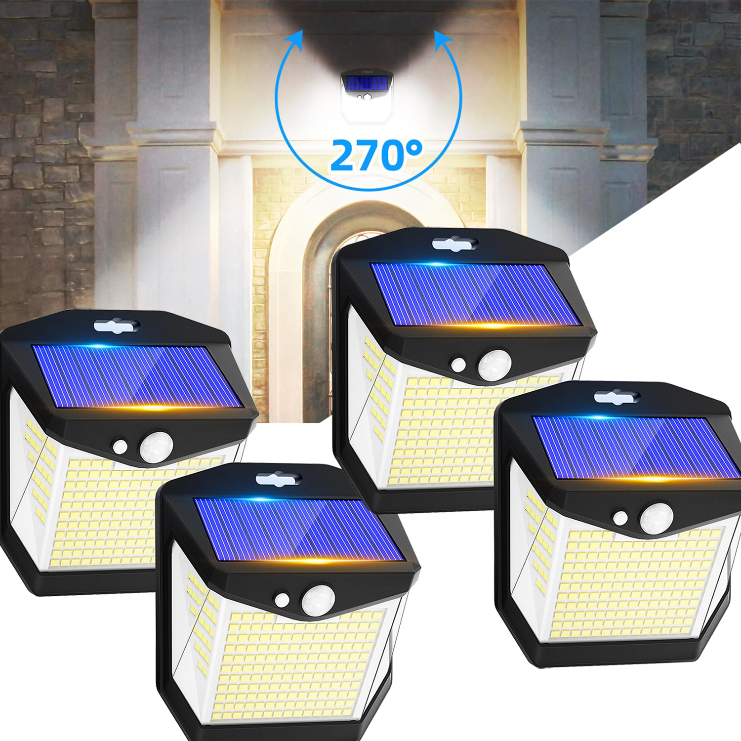 Zewnętrzna lampa solarna z czujnikiem ruchu – 248 diod LED – Wodoodporne oświetlenie słoneczne zewnętrzne IP65 270°, zestaw 4 sztuk (światło białe)