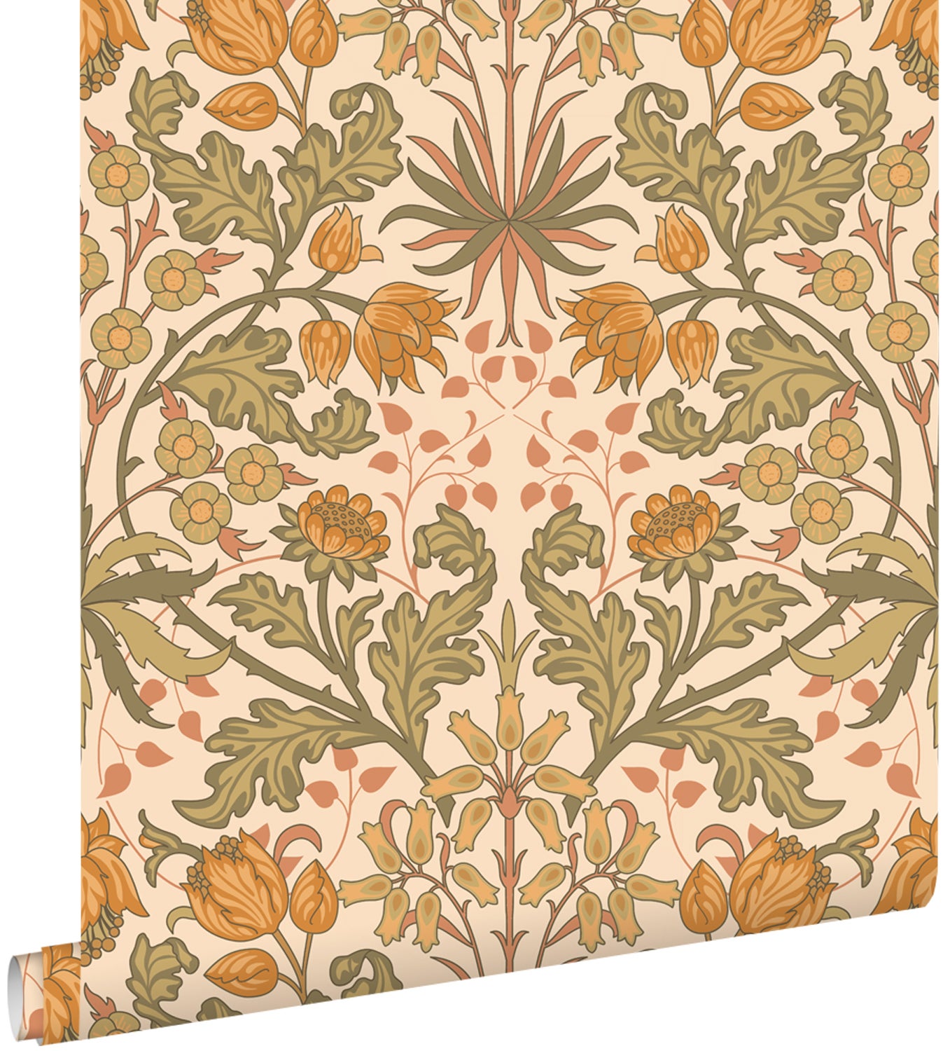 Papel pintado flores vintage en estilo art nouveau naranja cálido y verde grisáceo - 50 x 900 cm - estahome
