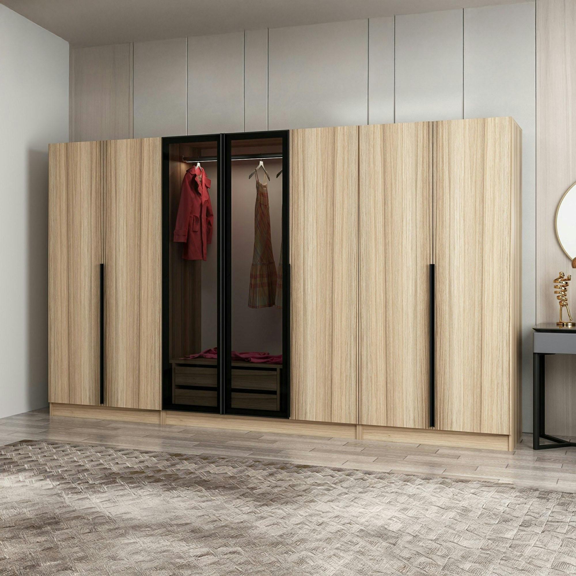 Grande Armoire Dressing Decker Line - Coulissante - Bois Et Verre - 230x370x58 Cm