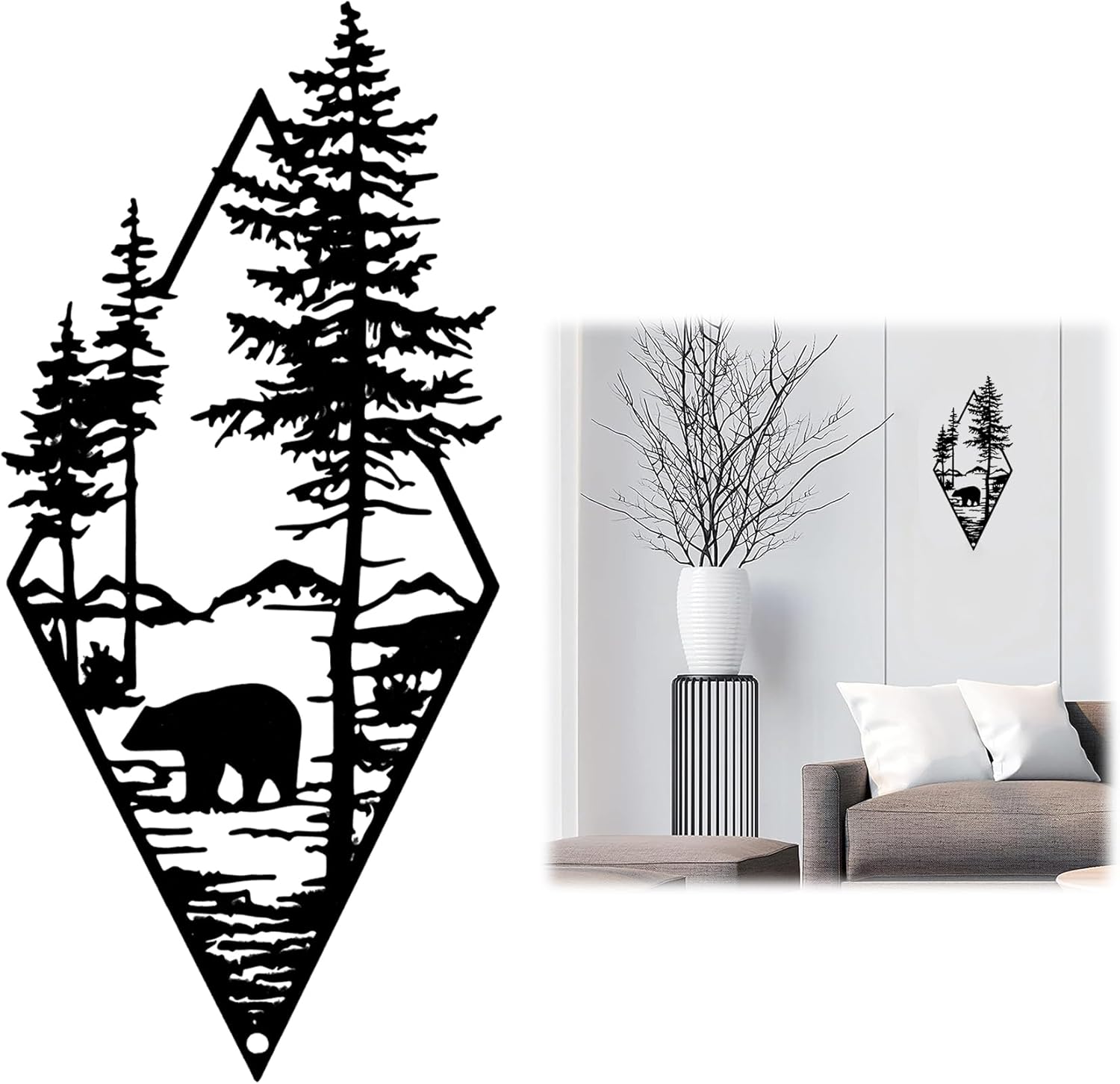 Décoration Murale Métal 4 Pièces - Motif Forêt Et Montagne 3D Noir - Pour Salon, Chambre, Bureau