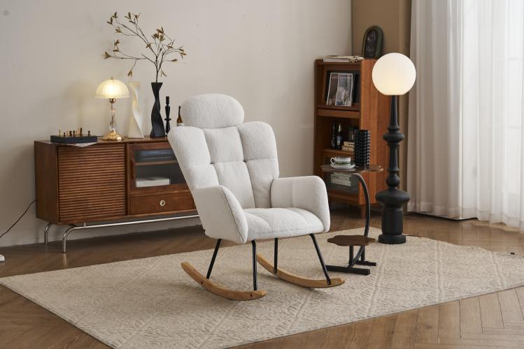 Chaise à bascule en tissu Teddy doux, matelassée, avec dossier en mousse, structure bois et base métallique noire, blanche, pour salon et chambre - 6