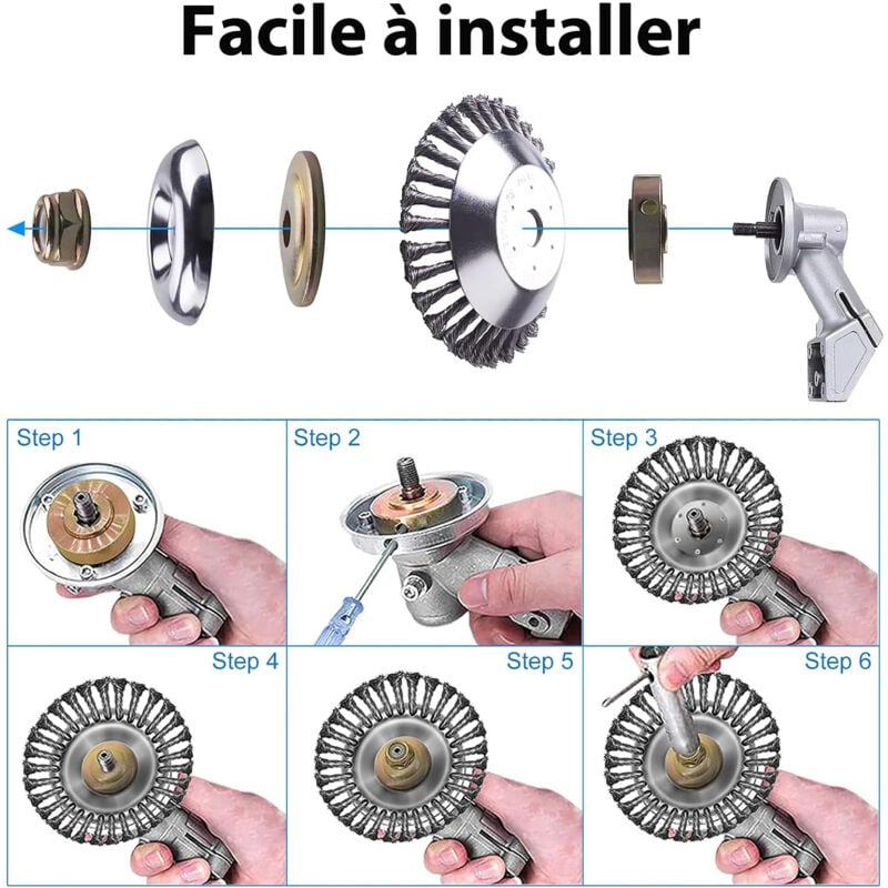 Tête de désherbage Fil d'acier,150 x 25,4 mm Brosse à Ronde, Brosse de Debroussailleuse Universelle,Tête Brosse Désherbage avec 7 Accessoires - 5