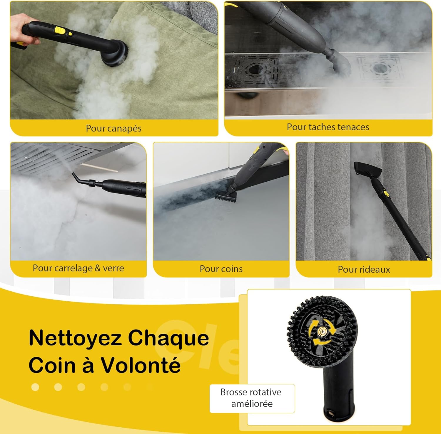 Versátil limpador a vapor de 2000 W, máquina de limpeza, limpador a vapor com reservatório de 1,8 L com 13 acessórios e manómetros, amarelo - 6