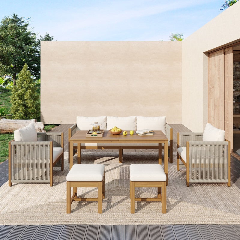 Conjunto Jardin Exterior 7 Personas,Sofa Exterior Terraza O Balcón,Outdoor Furniture, 1 Mesa+1 Sofá De 3 Plazas+2 Sillones+2 Taburetes,Tablero Acacia - 3
