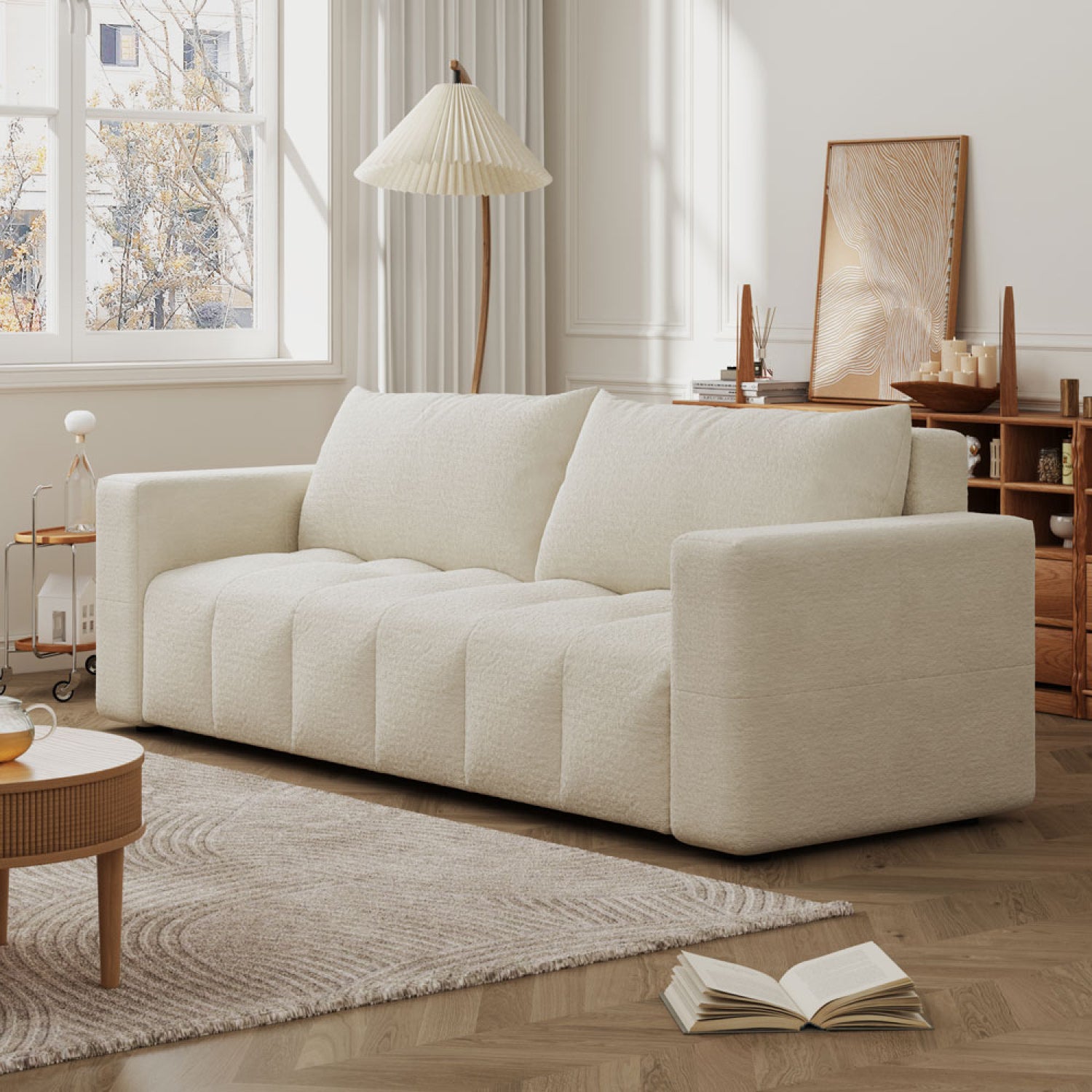 Canapé convertible 3 places avec coffre en bouclette beige CANTERBURY - 4