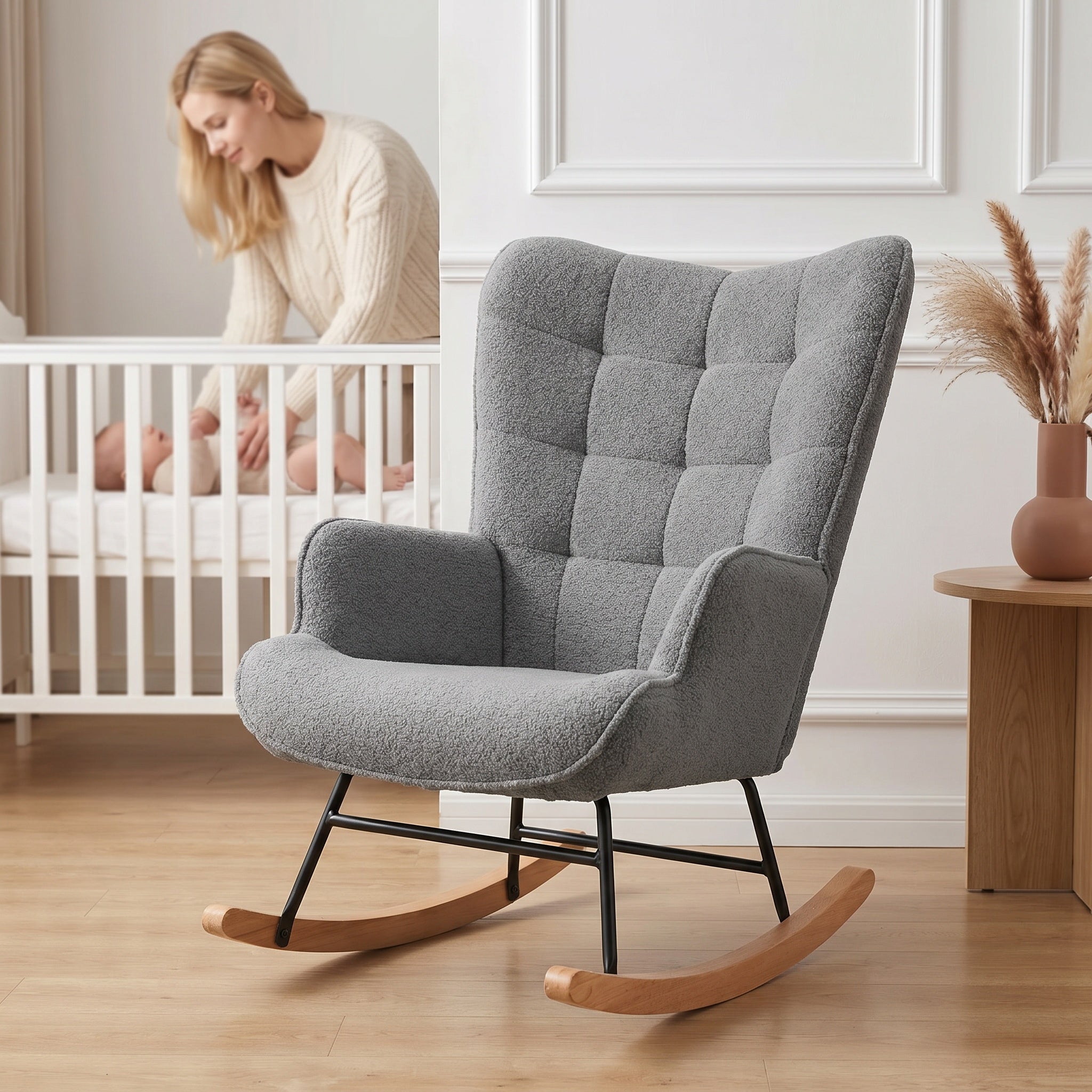 Fauteuil à Bascule, Rocking Chair d'Allaitement - Structure en métal et pieds bois massif, Maximale : 150 kg, Tissu Peluche Teddy, Gris, 75x68x92 cm - 2