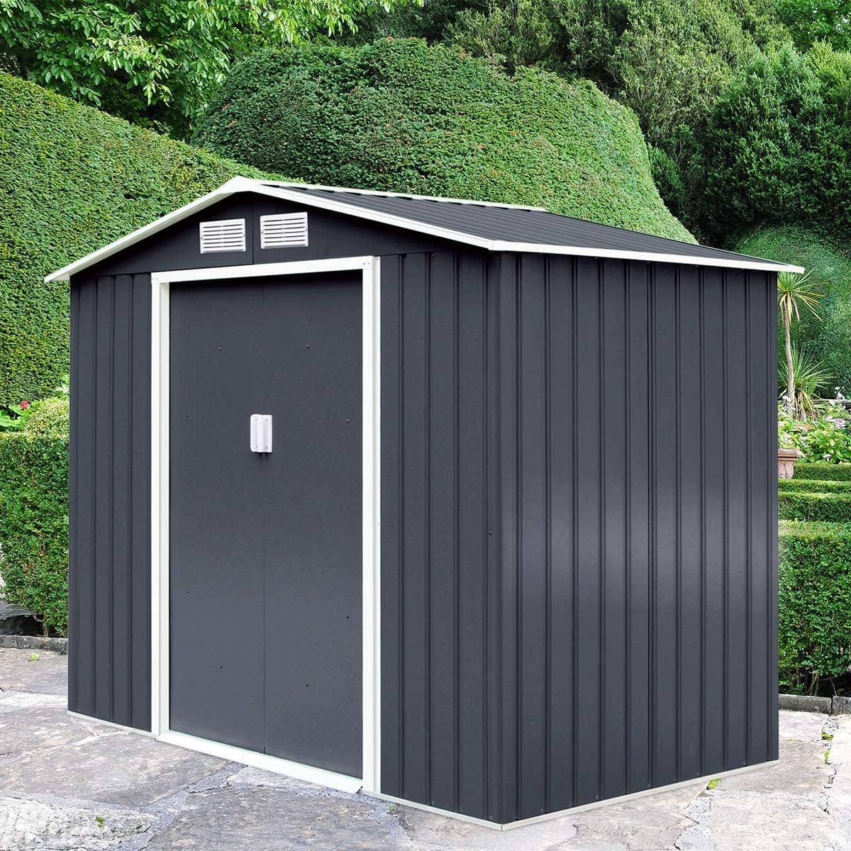 2,37m² Abri de Jardin Métal Galvanisé avec Base, Cabane de Rangement à Outils 213x127x185 cm avec Portes Coulissantes & Fenêtres,4,39m³ Gris - 7