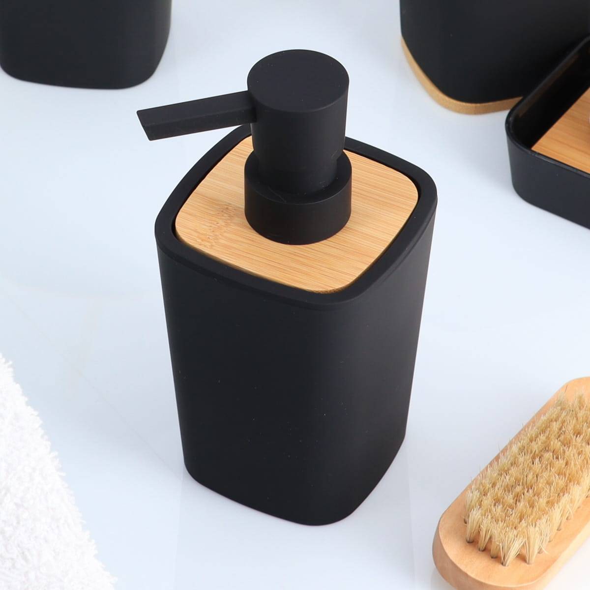 Distributeur a savon rubber + abs et bambou 380 ml - noir - Tendance - 2