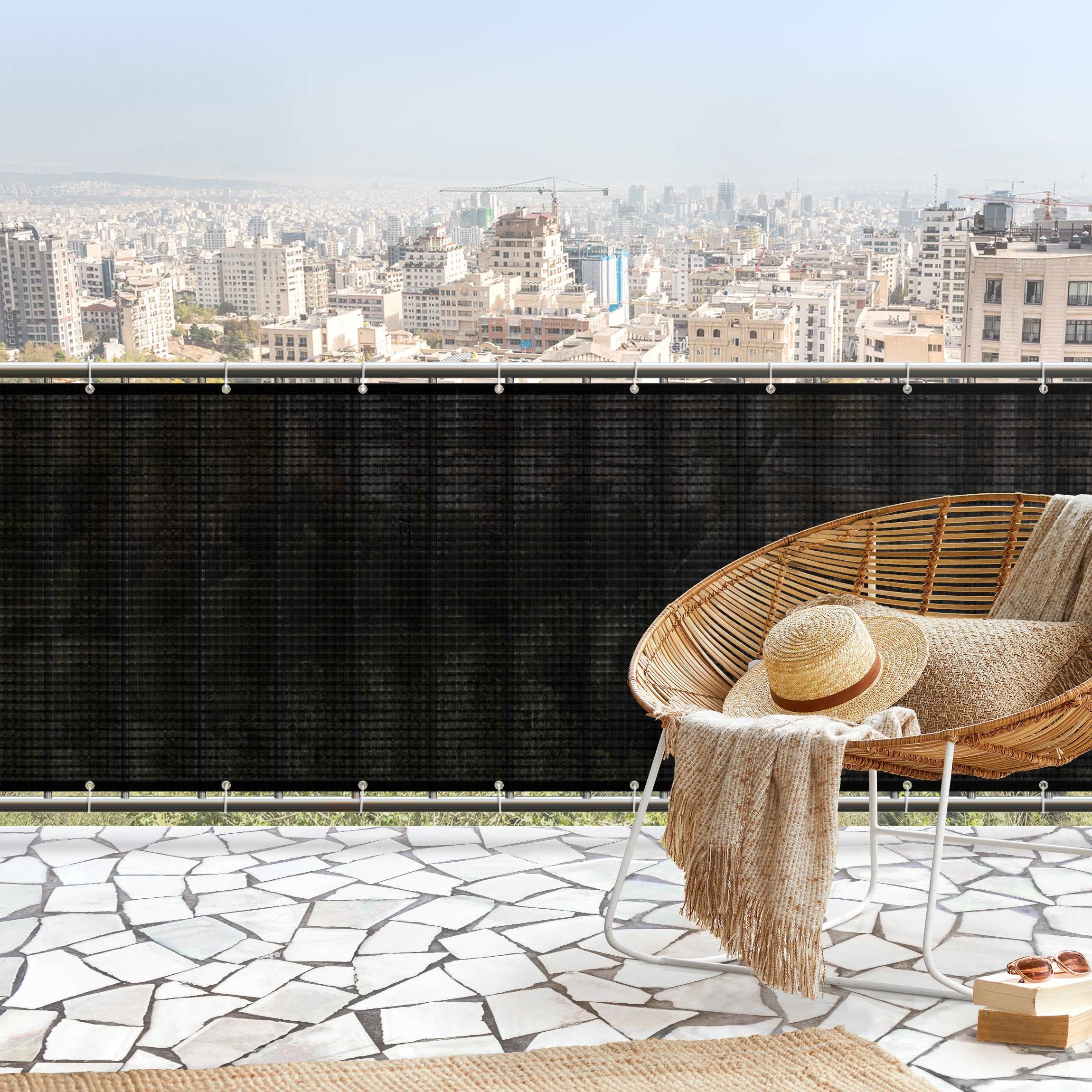 Brise vue brise vent balcon appartement jardin noir H.1,2 x L.6,5 M avec attaches résistant aux intempéries 270 g/m² mesh 1256 - 2