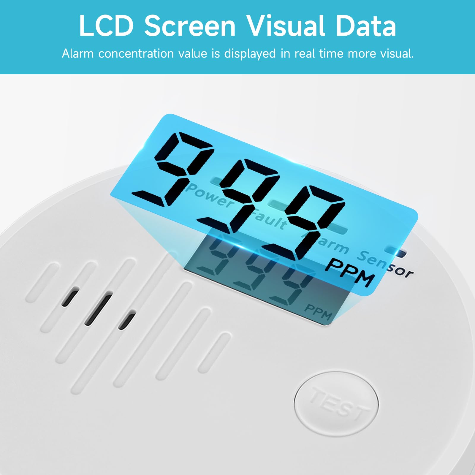 Detector de monóxido de carbono con pantalla LCD digital, alarma sonora y visual, funciona con pilas. - 8
