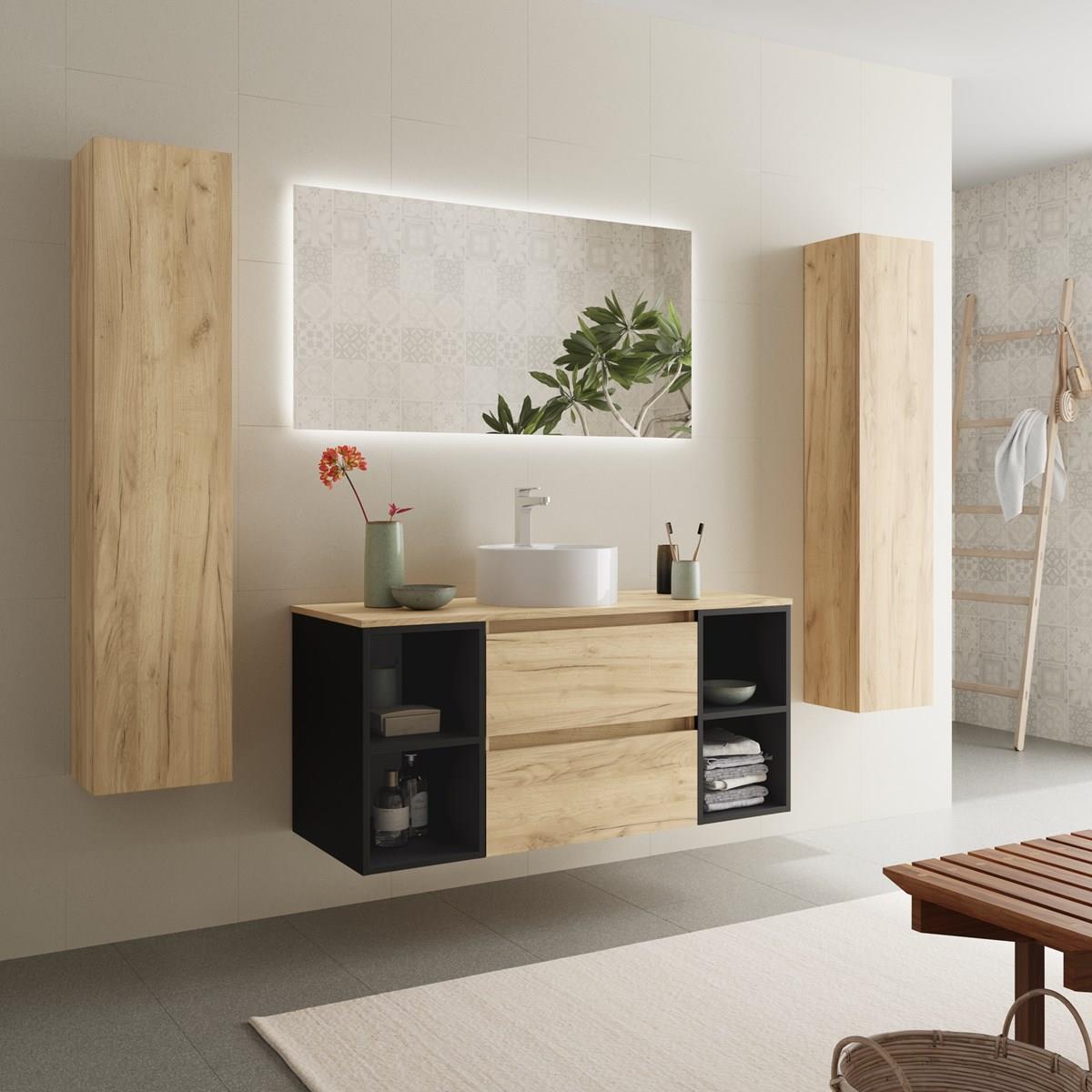 Meuble de salle de bain BEQUIA Plus 120cm Chêne/Noir | Vasque à poser Porcelaine Centrale - 2