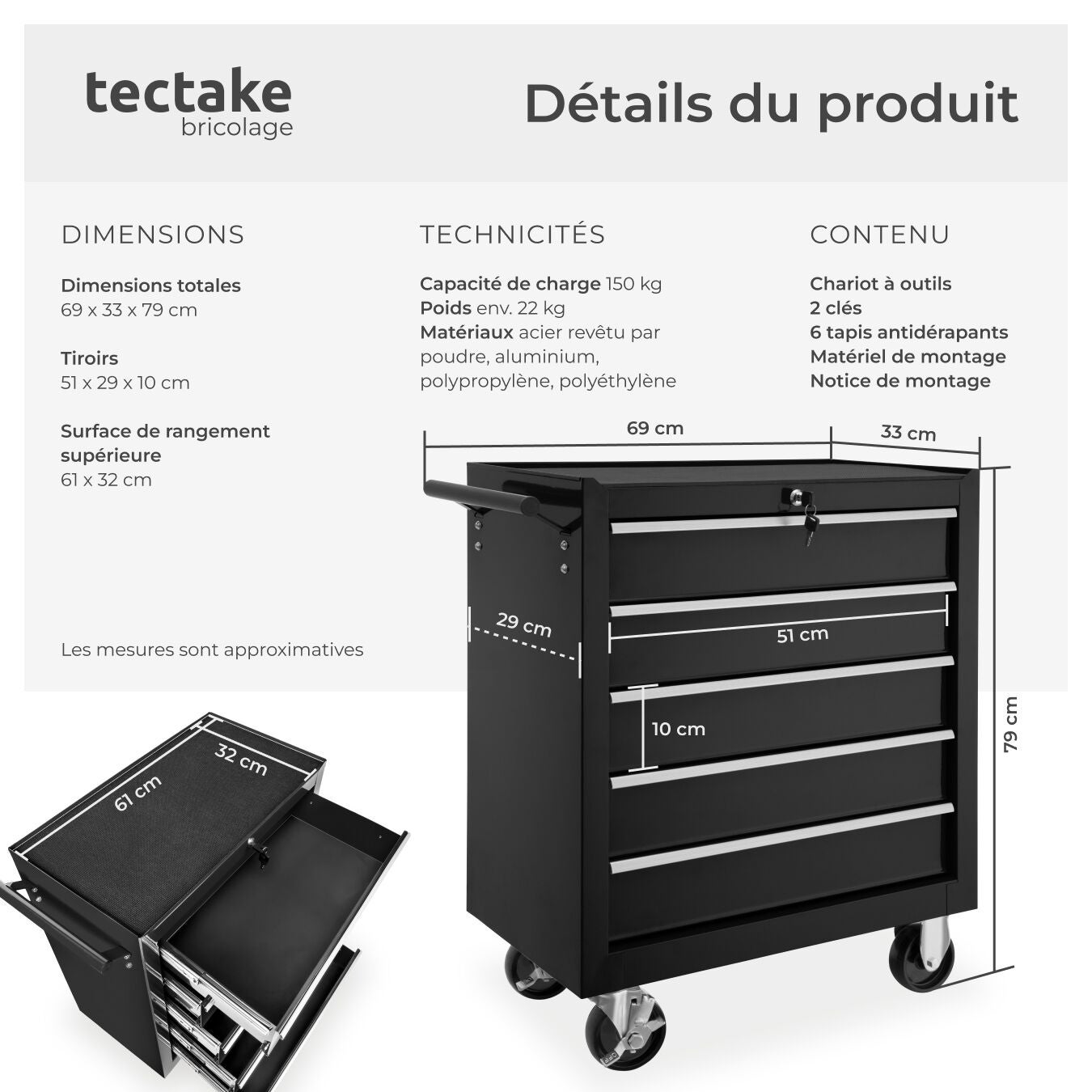 Servante d'atelier en acier avec 5 tiroirs et serrure de verrouillage de sécurité centrale TECTAKE - 6