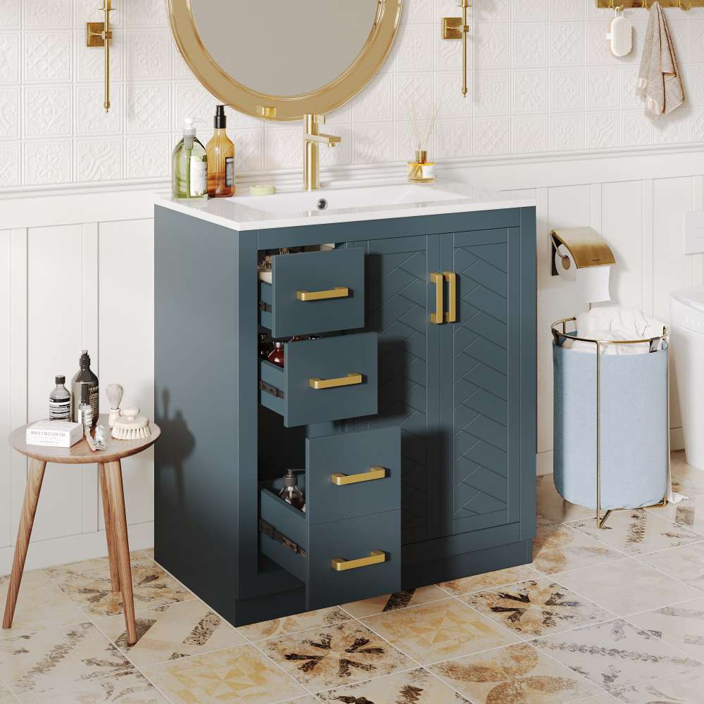 Meuble sous-vasque moderne avec lavabo en céramique, 2 tiroirs, rangement spacieux 76,5×46,5×84 cm - 3