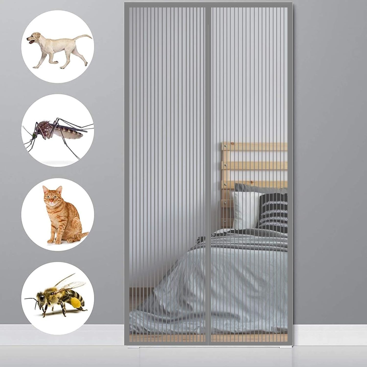 Drzwi ekranowe magnetyczne, zasłona antykomarowa, 120 x 220 cm, szare