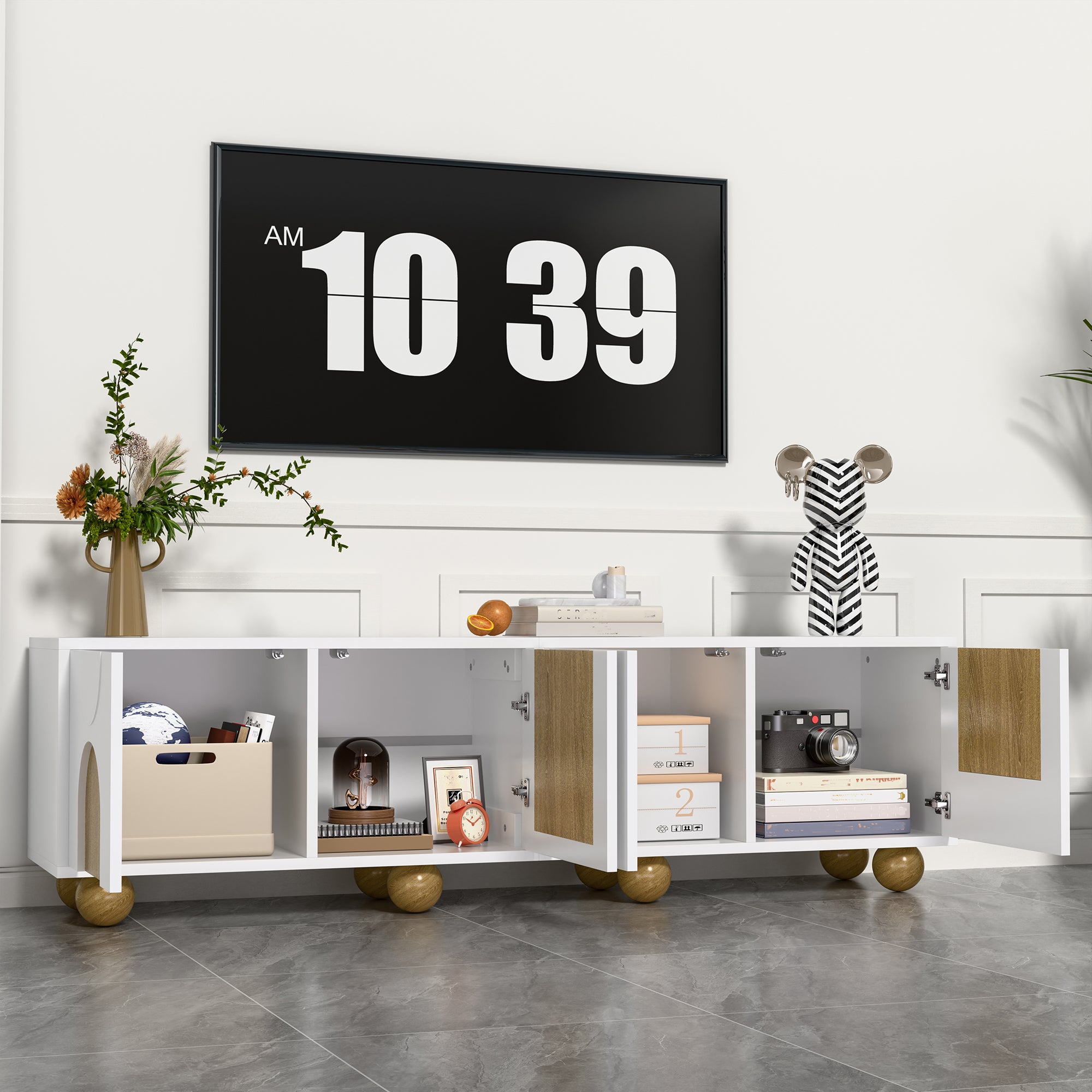 Meble pod TV 175x38x50cm - 4 fronty - wygląd vintage drewna - Drewniane nogi - MDF + płyty wiórowe - Biały i naturalny - 4