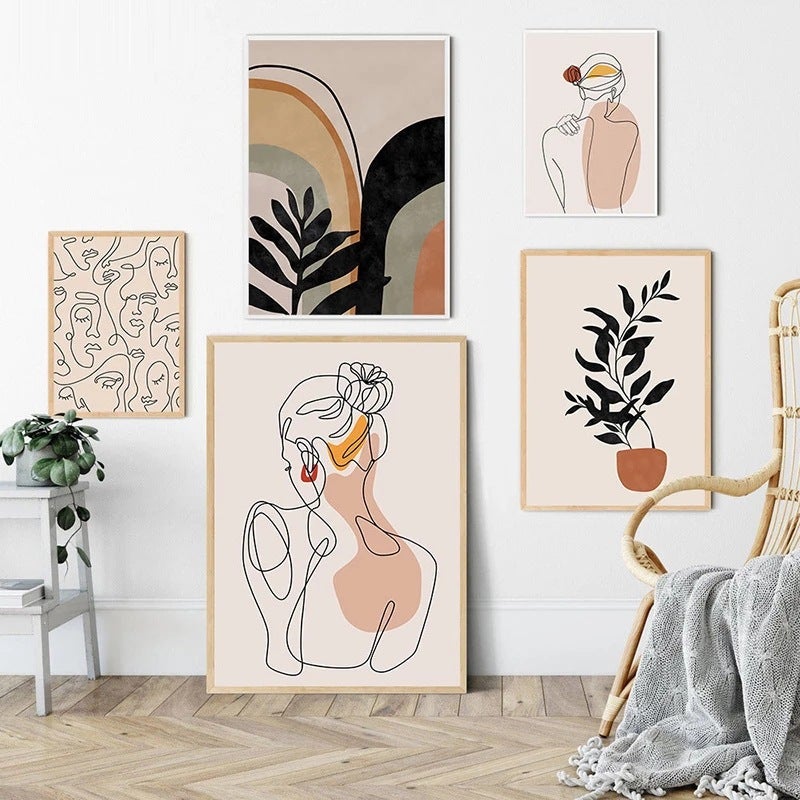 Abstrakcyjne i minimalistyczne linie, sylwetka kobiety, dekoracja wnętrz, obrazy do powieszenia, zestawy 5 płócien, obrazy współczesne, p