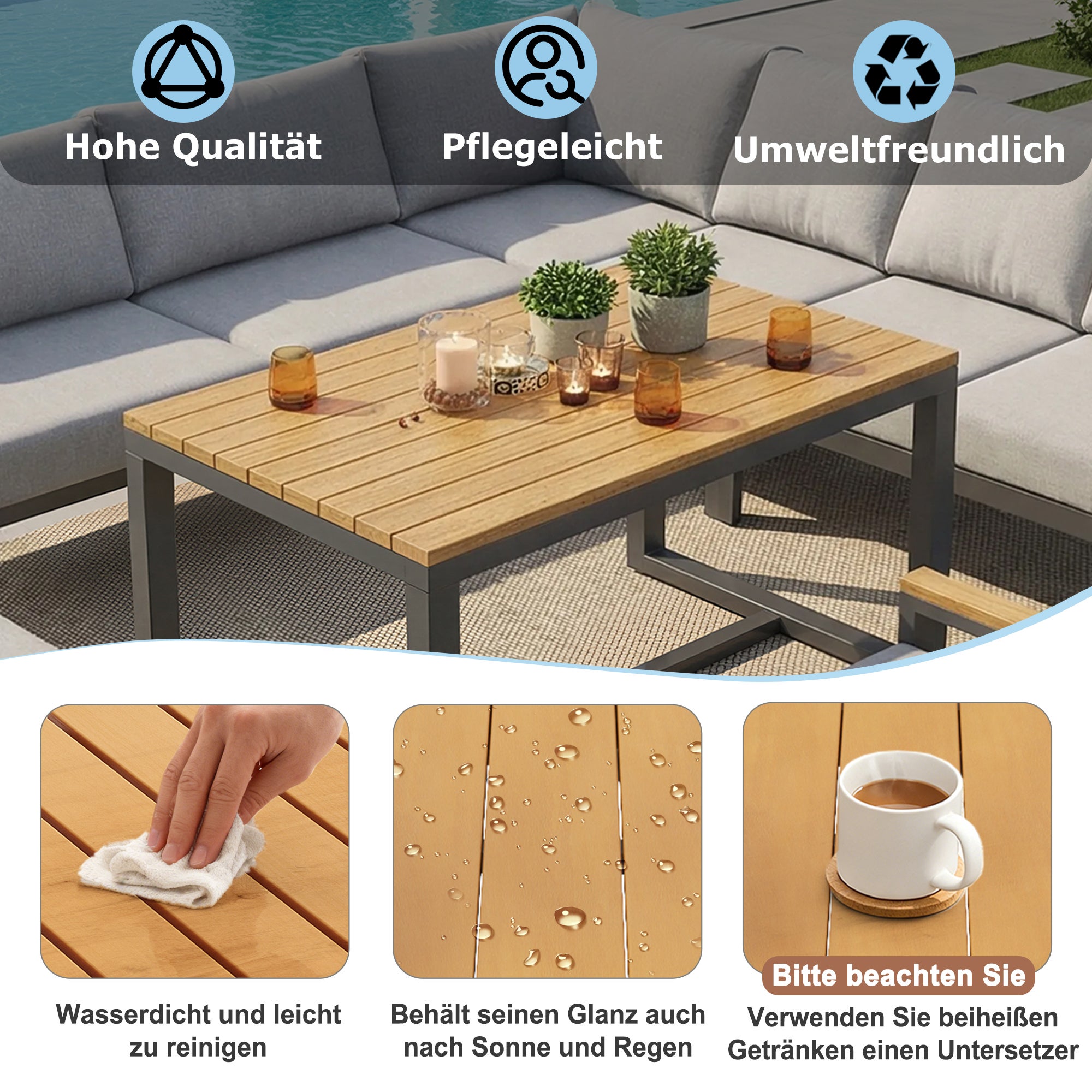 Salon de Jardin Exterieur pour 8 personnes,avec table en bois,Canapé d'angle extérieur en forme de L avec coussins,Ensemble de jardin en fer,Gris - 4