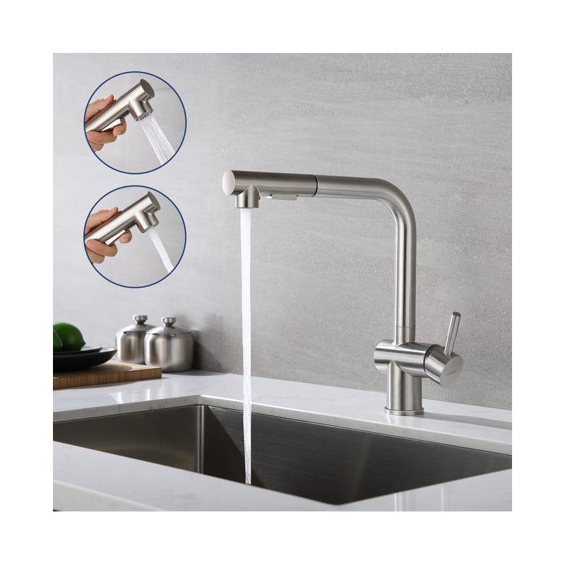 Bateria kuchenna z wyciąganą główką prysznicową bateria zlewozmywakowa z podwójnym natryskiem bateria kuchenna ze stali szczotkowanej funkcja obrotu