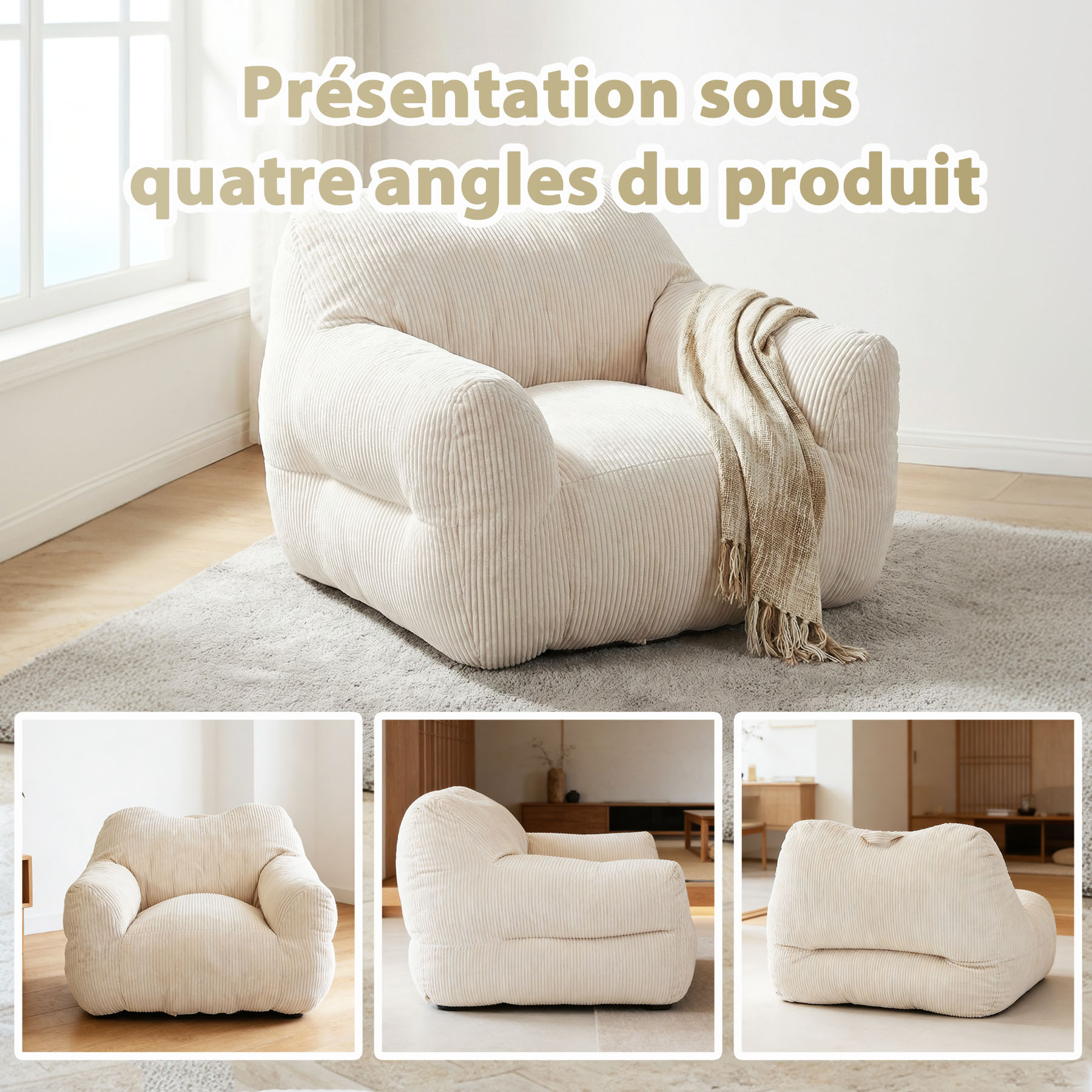 Canapé pouf carré HOMEMIYN en velours côtelé, fauteuil lounge avec dossier et accoudoirs, 118x110x86 cm, pour salon et chambre - 6
