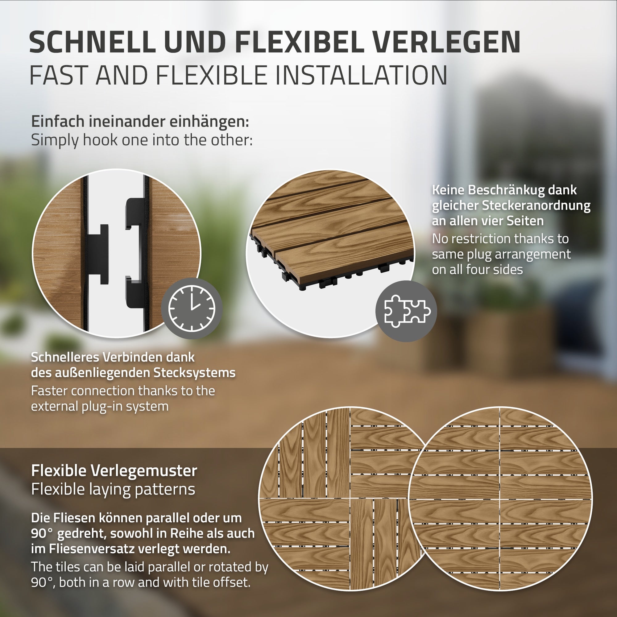 ECD Germany plytki tarasowe wpc 30x30 cm 55 sztuk 5m² kwadratowy teak panele podłogowe klik odpływ wodny balkon taras ogród patio weranda - 5