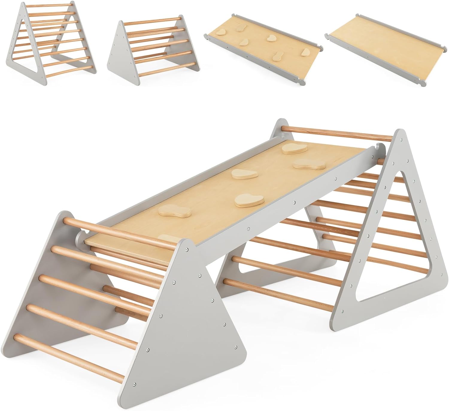 Trójkąt wspinaczkowy 3 w 1, drabina i zjeżdżalnia, rusztowanie do wspinaczki z dwustronną rampą, dla małych dzieci od 3 lat (szary + naturalny)