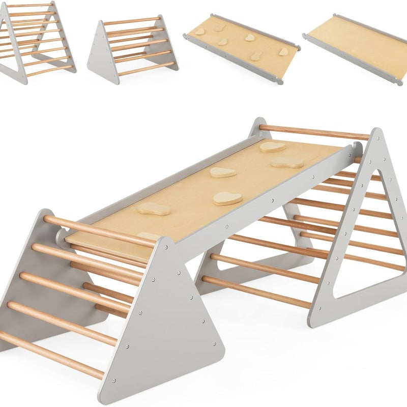 Trójkąt wspinaczkowy 3 w 1, drabina i zjeżdżalnia, rusztowanie do wspinaczki z dwustronną rampą, dla małych dzieci od 3 lat (szary + naturalny)