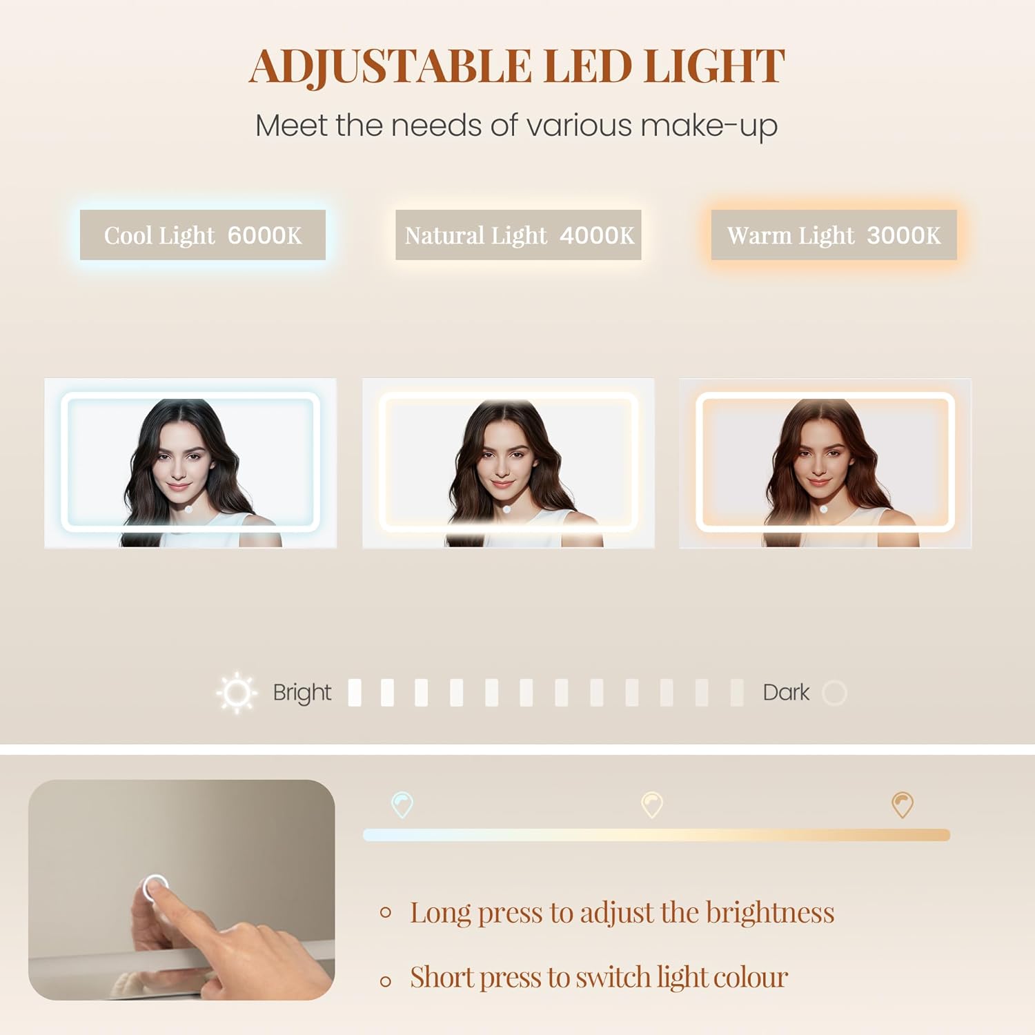 110 cm Coiffeuse avec Miroir, Table de Maquillage avec Éclairage LED, Luminosité Réglable, 3 Couleurs, 5 Tiroirs et 5 Compartiments Ouverts, Blanc - 5