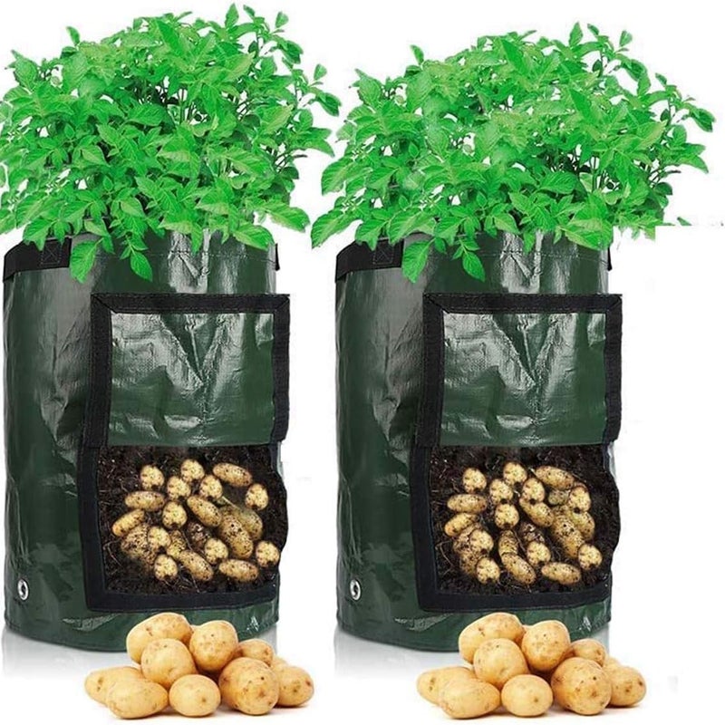 Worki na ziemniaki, zestaw 2 worków na warzywa o pojemności 10 galonów (35 x 45 cm), wykonane z wytrzymałego materiału z klapką i uchwytem.
