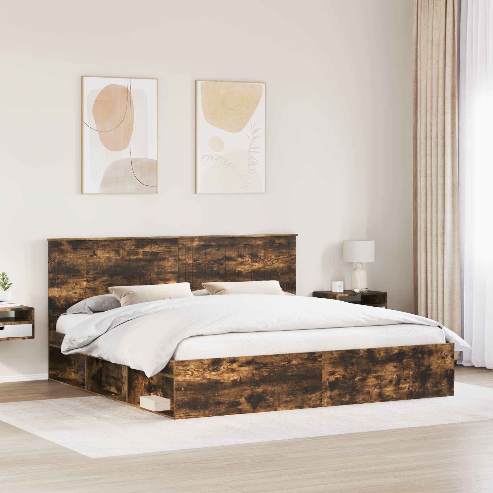 Cadre de lit en bois de pin massif, chêne fumé, pour la chambre, 200 × 200 cm - 3