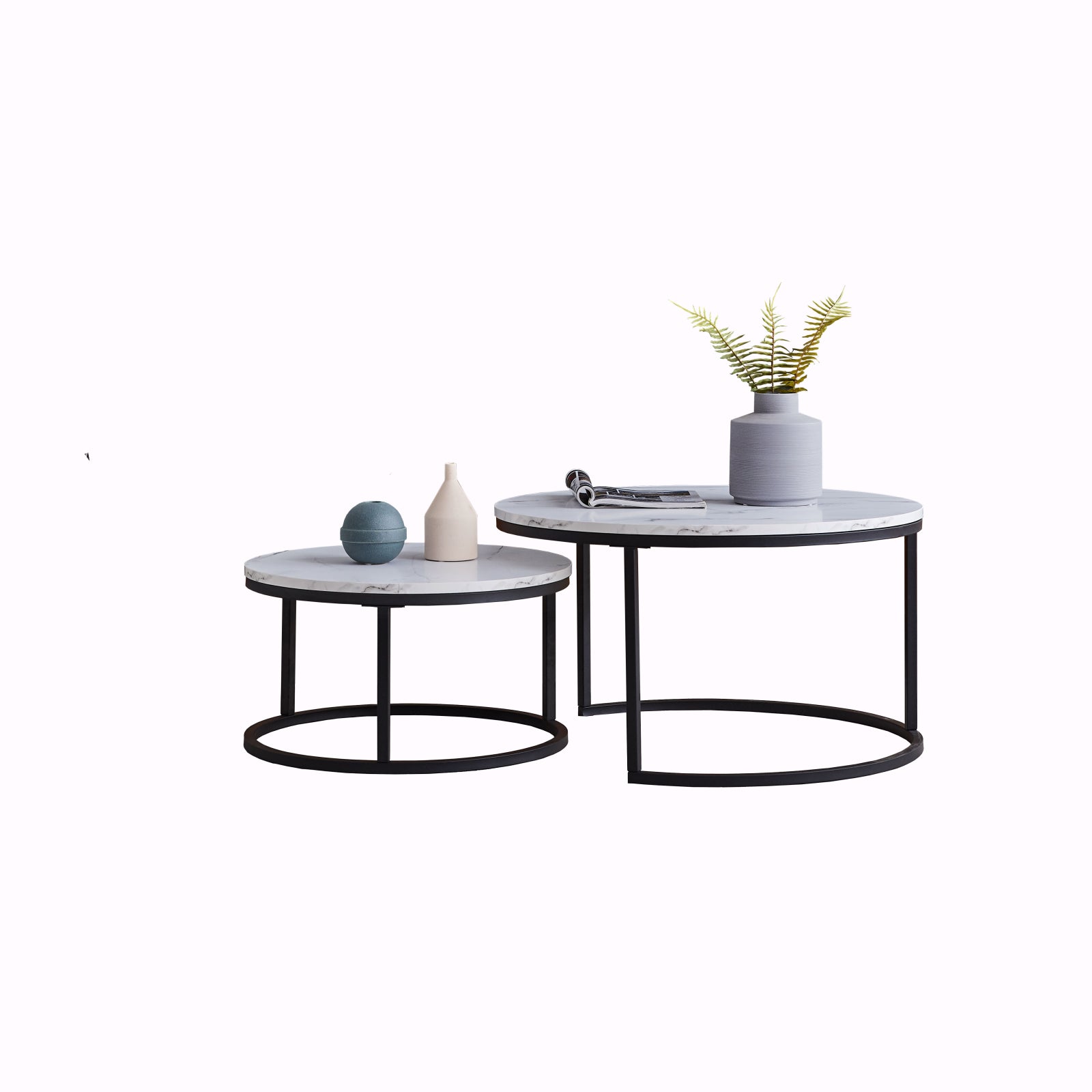 Table Basse Ronde Ensemble de 2, Ensemble Moderne de Tables Basses, Cadre en Métal, Table à Café, Adapté pour Salon, Balcon, Blanc+Noir - 6