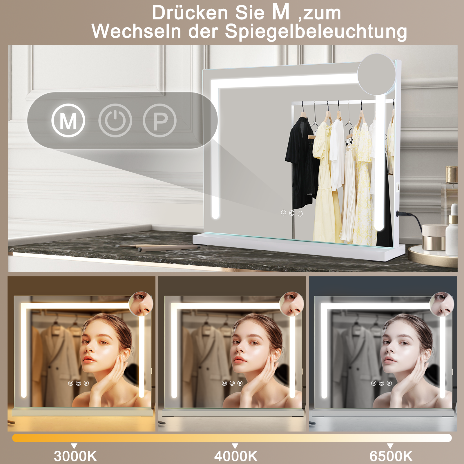 FASCINATE Miroir grossissant double face 10 x 1, coiffeuse de maquillage, éclairage rechargeable avec 3 modes d'éclairage de couleur, bureau LED à rotation réglable