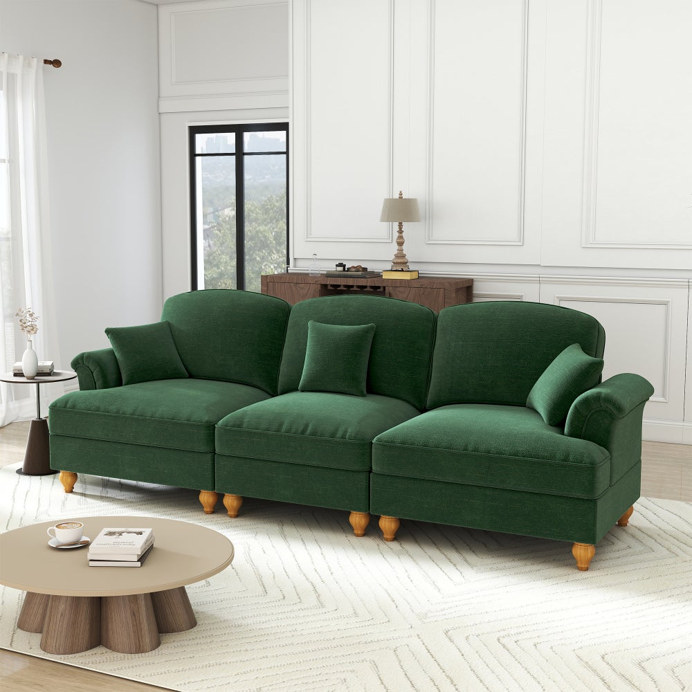 Sofa z połowy XX wieku, 3-osobowa, z szenili, z podłokietnikami w kształcie lejka, zielona