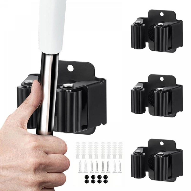 Wytrzymały uchwyt na miotłę ze stali nierdzewnej montowany na ścianie do łazienki i kuchni, zestaw 4 szt. (czarny)