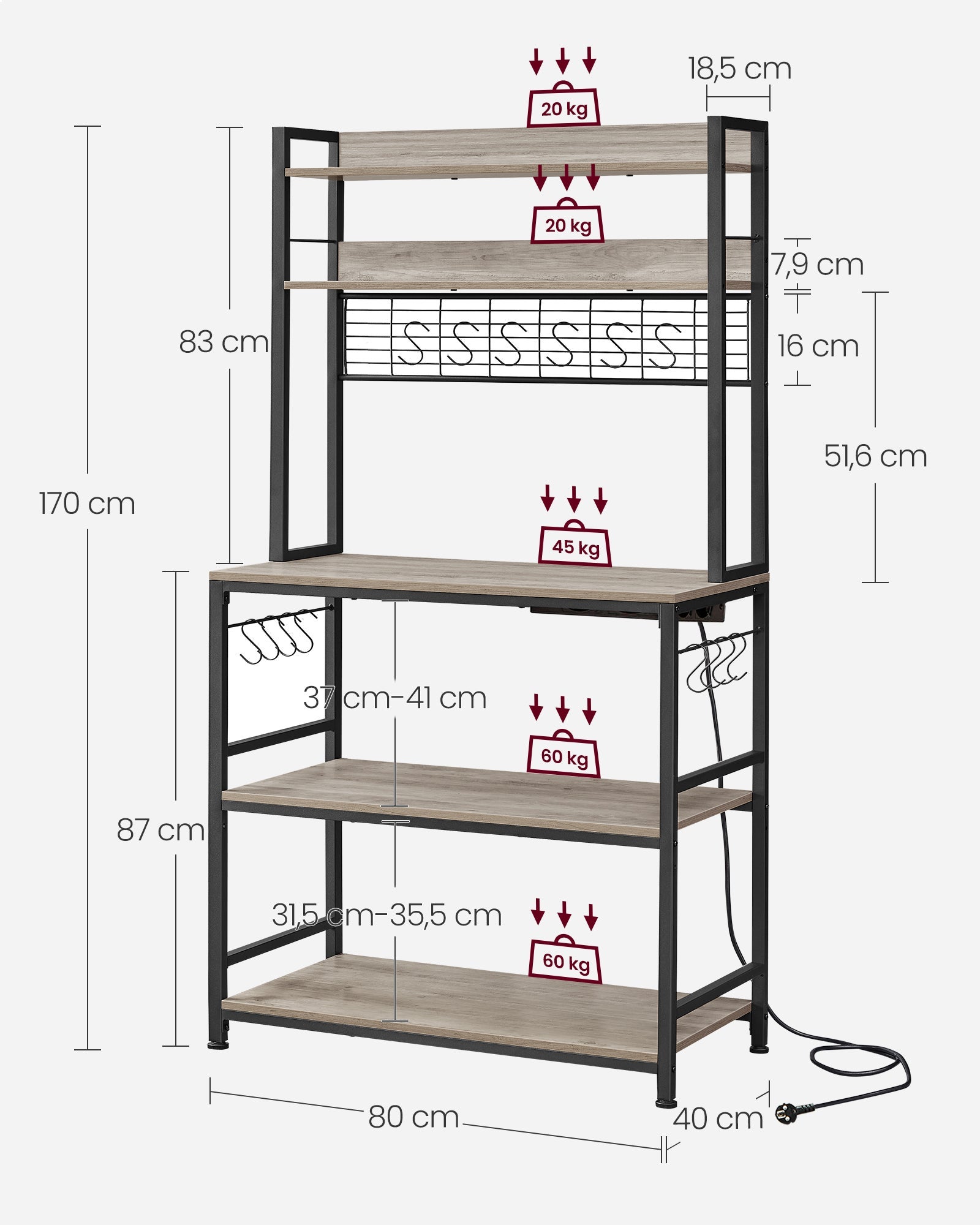 Estante de cocina con regleta soporte para microondas estante de almacenamiento con panel de malla de ala 12_0005668 - 3