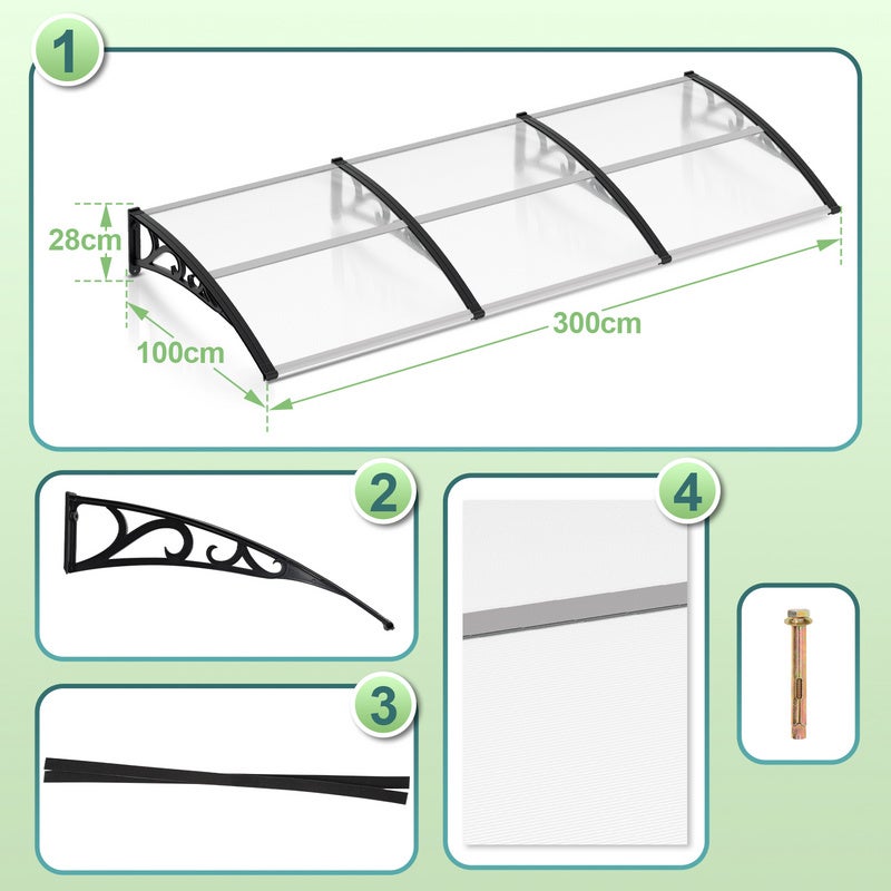 Toldo para porta Toldo Marquise para Porta em alumínio Marquise de Porta e Janela Exterior Placa de Proteção 100 x 300 cm - 2