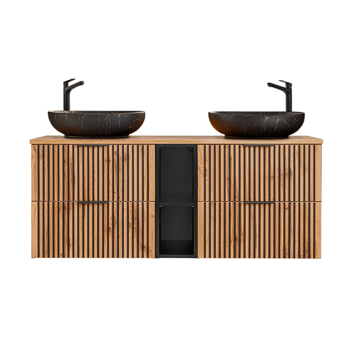 Ensemble meuble double vasque 140cm 2 niches et colonne Gaia Bois et Noir - Vasque Noir - 3
