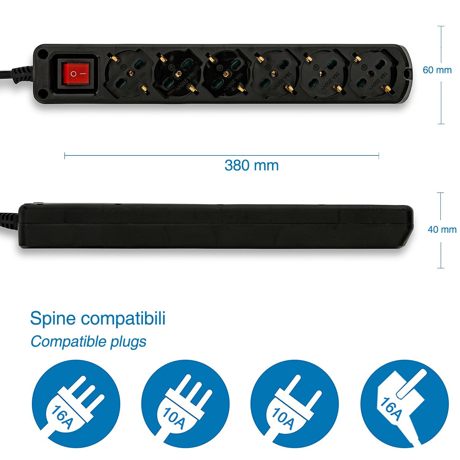 Multiprise italienne 6 schuko + 10/16A. Avec interrupteur, câble 1m et fiche 16A - 3