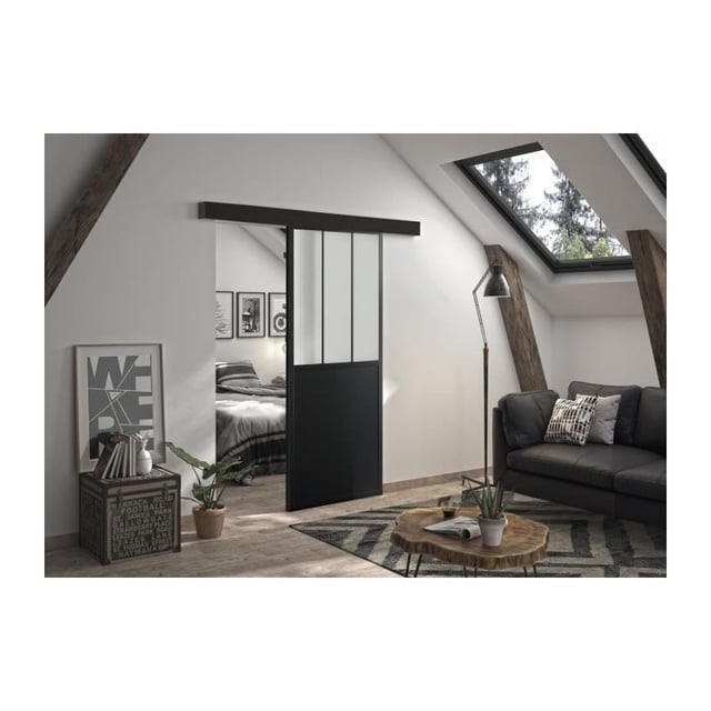 OPTIMUM - Kit porte coulissante + rail + bandeau Atelier - H 204 x L 93 x P 4 cm - Noir verre depoli