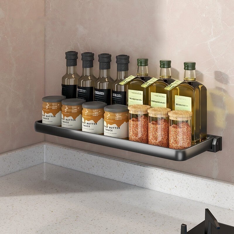 Półka kuchenna, stojak na przyprawy, składana, 41,5×15×6,5 cm – bez wiercenia, przechowywanie w kuchni, stojak na przyprawy, wielofunkcyjny – czarna