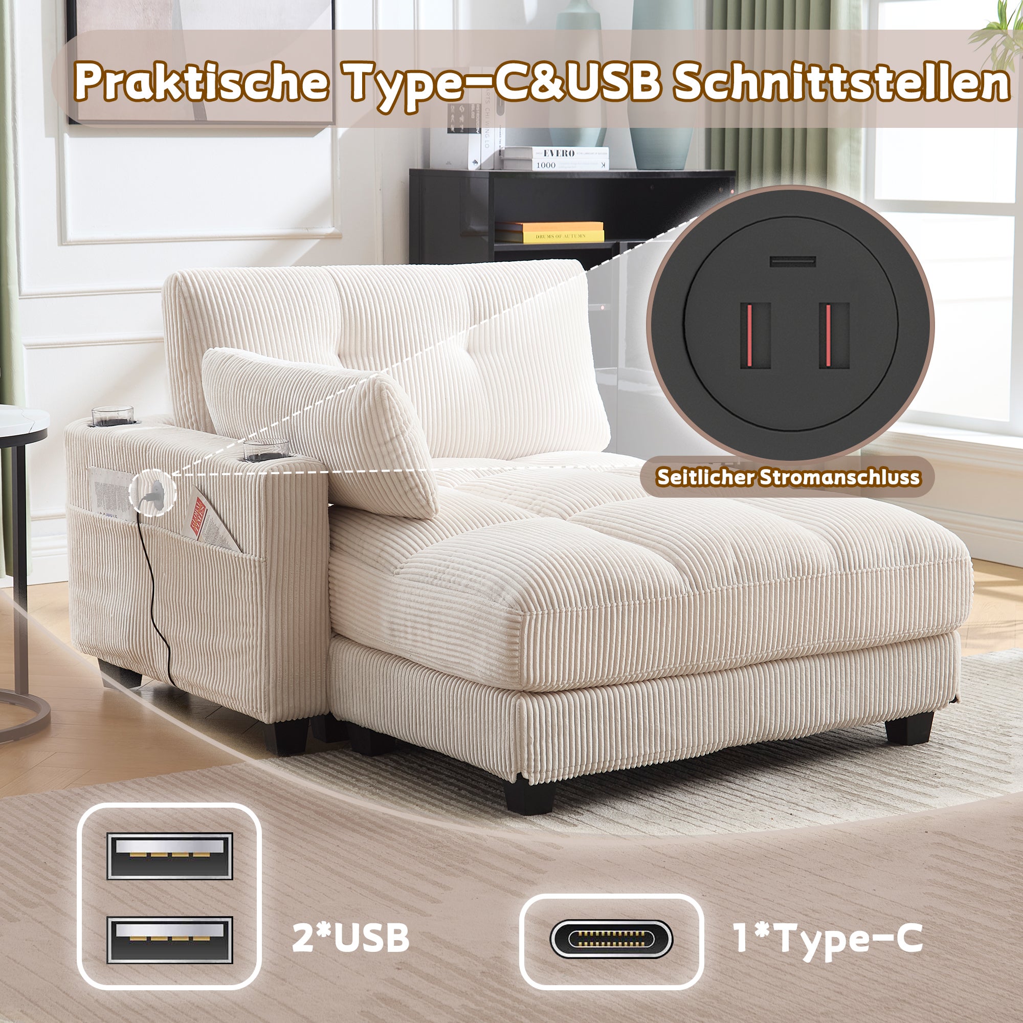 Fauteuil Relax , Fauteuil Relax Beige Rembourré avec Porte,Gobelets et Ports USB , Tissu Kordsamt - 4