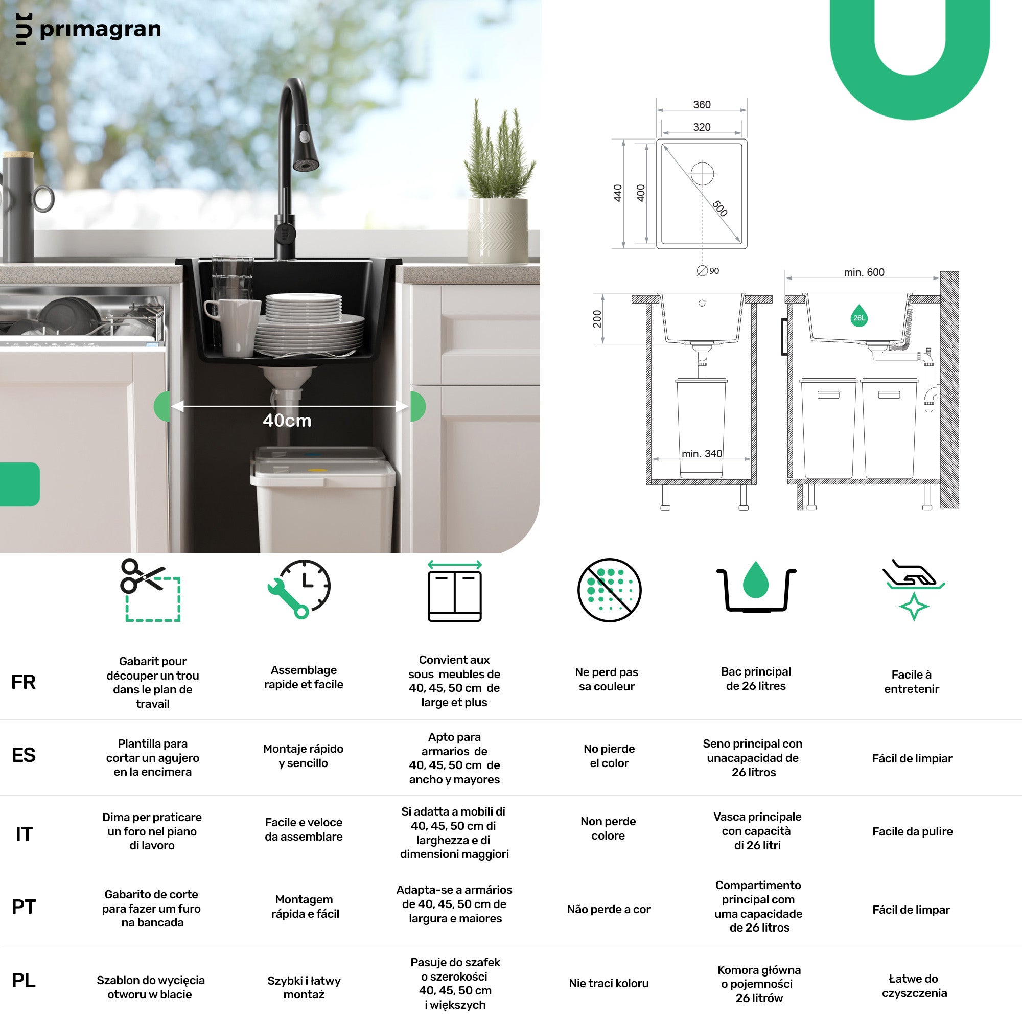 Lavandino da Cucina Nero 36x44cm, Lavello in Granito a 1 vasca + Sifone Classico + Accessori, Lavabo da Cucina Incasso al mobile 40cm PRIMAGRAN - 6