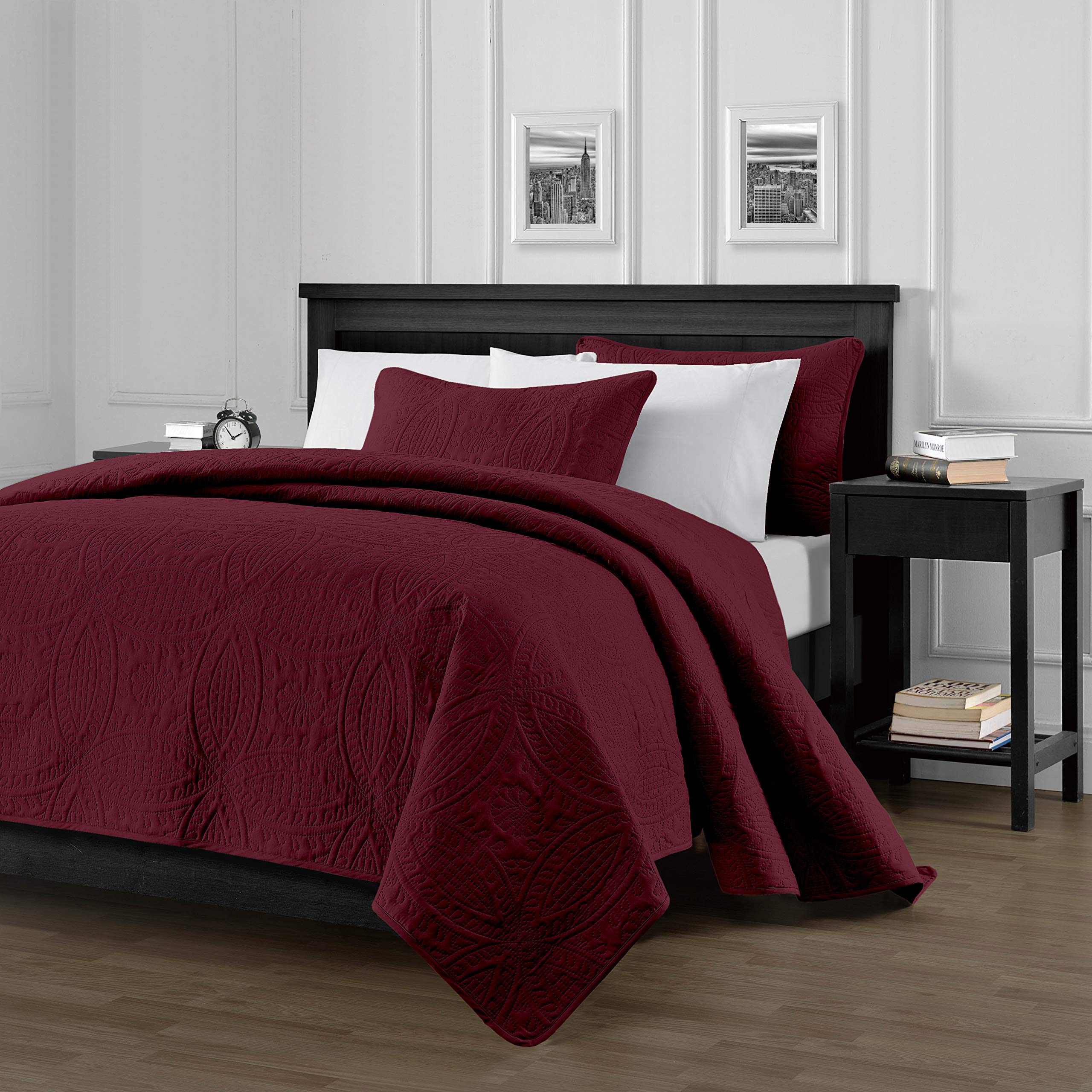 Chezmoi Collection Austin 3-Piece Oversized Bedspread Coverlet Set (King, Bordeaux) - 2