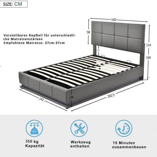 Łóżko tapicerowane 140x200 cm z oświetleniem LED i schowkiem pod łóżkiem, łóżko małżeńskie, łóżko dziecięce, szare - 3