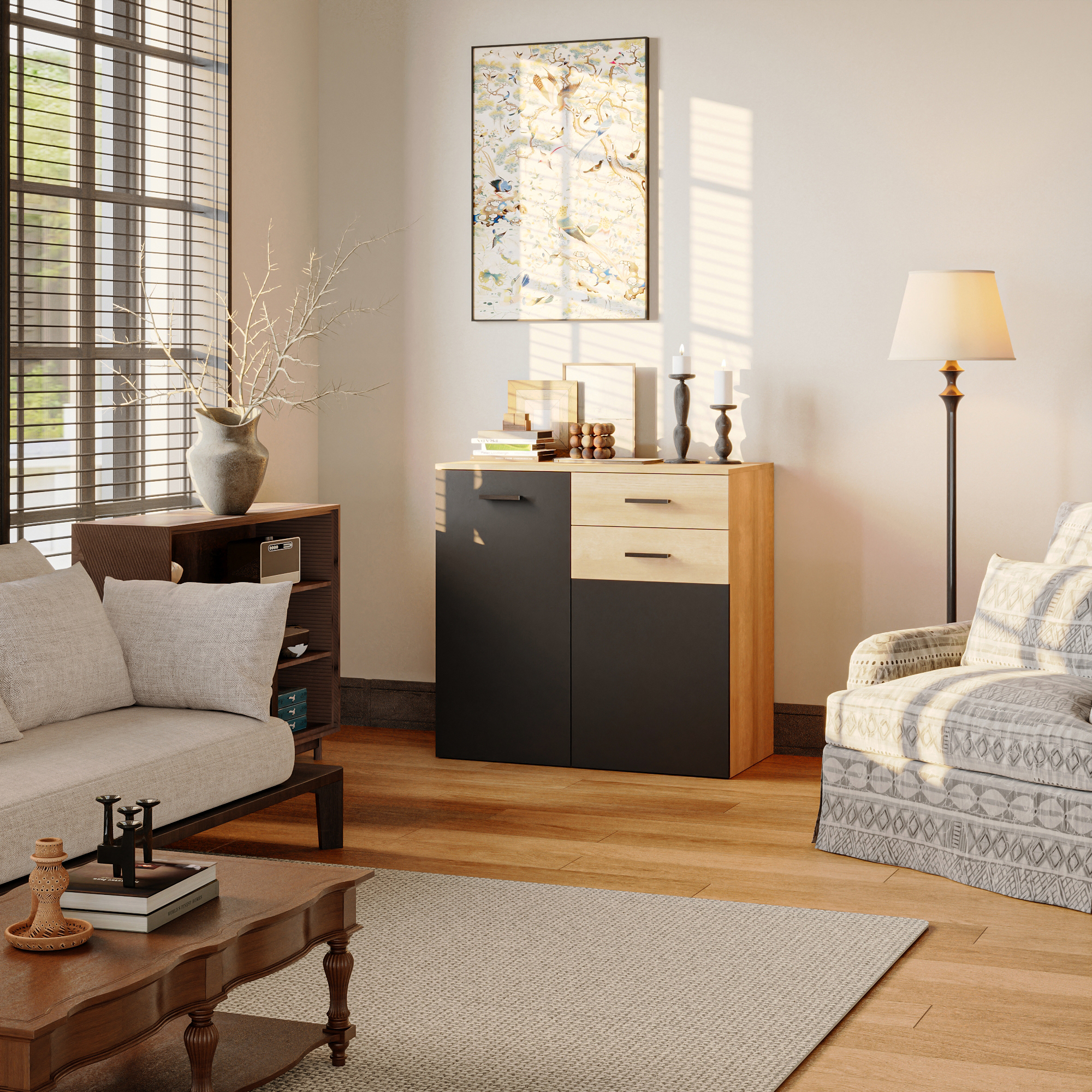 Armoire de rangement basse en Gris foncé&Bois,3 étagères,2 portes,idéale pour chambre salon,dispositif anti-basculement,90x45x85cm - 3