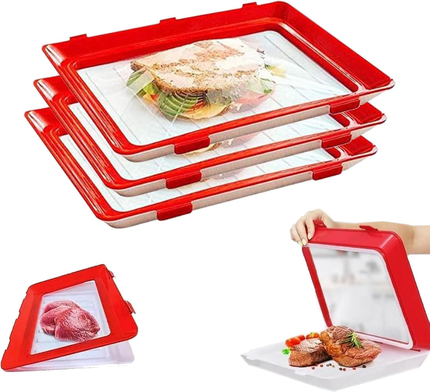 Zestaw 3 pudełek na wędliny - Pudełko wielokrotnego użytku z pokrywką do pakowania próżniowego wędlin, serów itp. do lodówek 30 x 3 x 22 cm