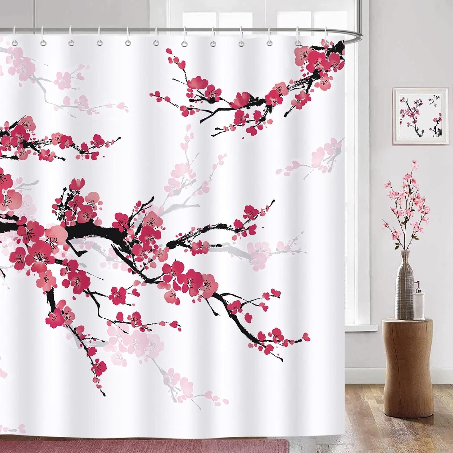 Zasłona prysznicowa Red Cherry Blossom z poliestru, tkanina antypleśniowa, wodoodporna, zmywalna, łazienkowa, z 12 haczykami