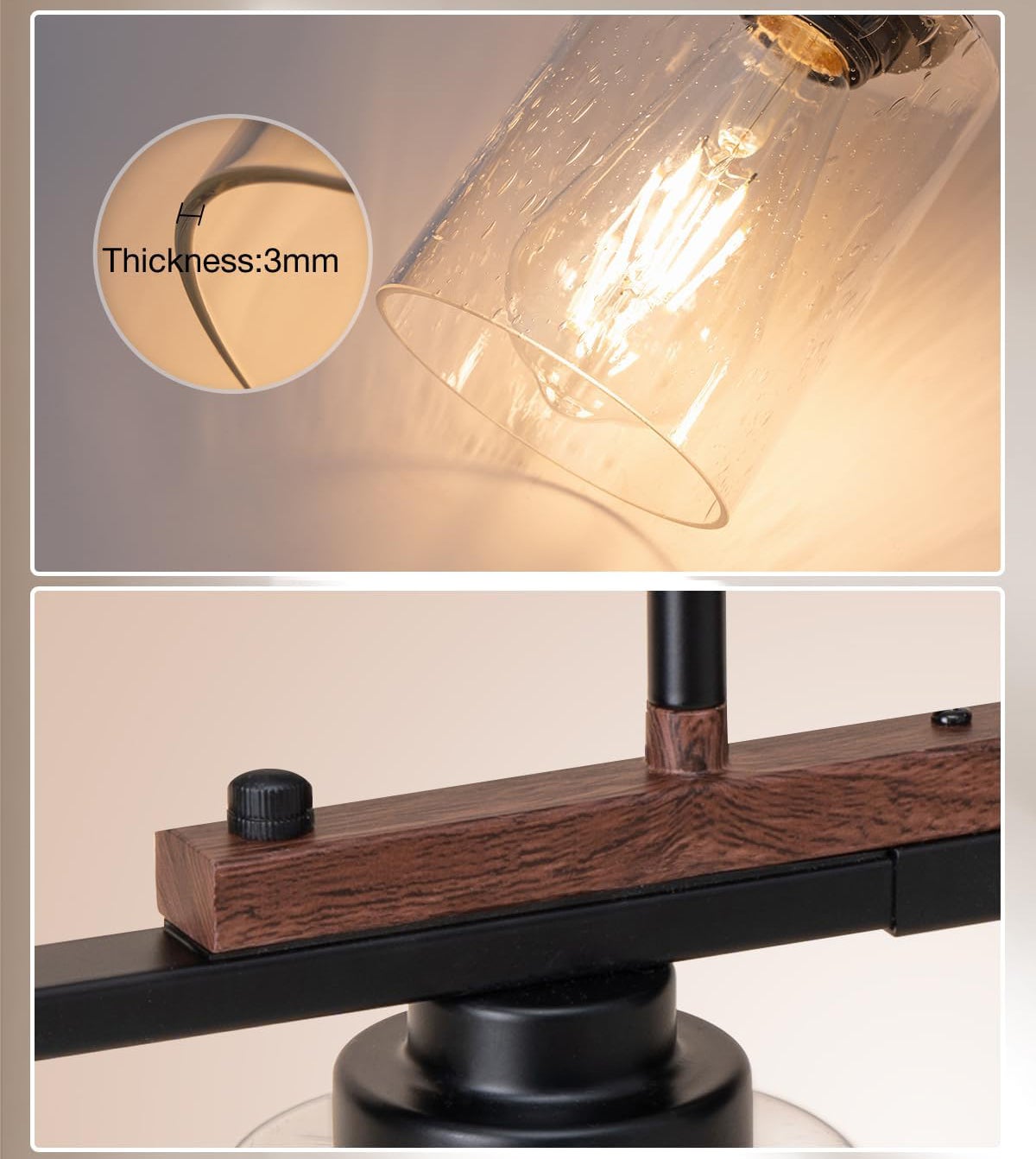 Lustre de cuisine 5 lumières avec tiges réglables, décoration rustique, suspension en métal avec abat-jour en verre, luminaires pour îlot de cuisine - 3